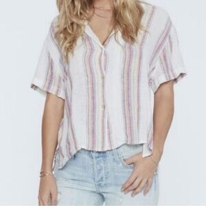 Rails Zuma Havana Stripe Button Down Shirt Small Linen Blend Short Sleeve